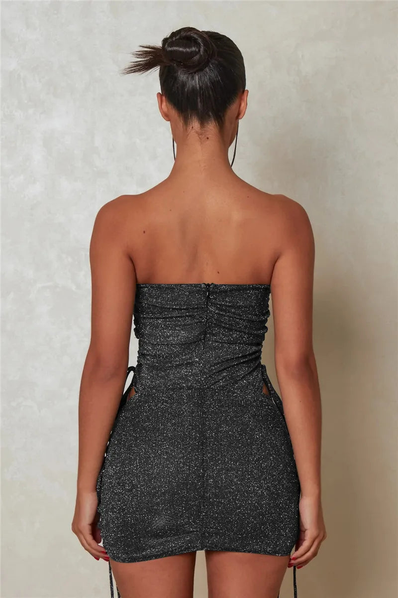 Glitter Sexy Dress Set Women Strapless Bodysuit And Mini Skirt Matching Sets Ladies Party Drawstring Two Piece Sets
