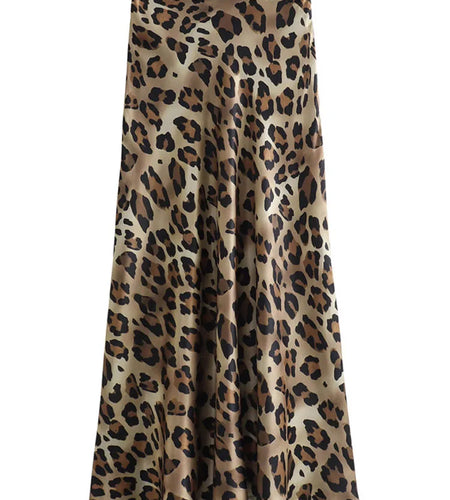 2024 Vintage Women's Leopard Print Satin Skirt Female Summer High Waist Midi Skirt Woman Fashion Elegant Long Skirts