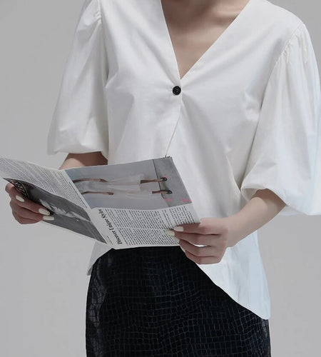 Solid Casual Blouses For Women V Neck Puff Sleeve Tunic Patchwork Button Vintage Short Shirt Female Clothing