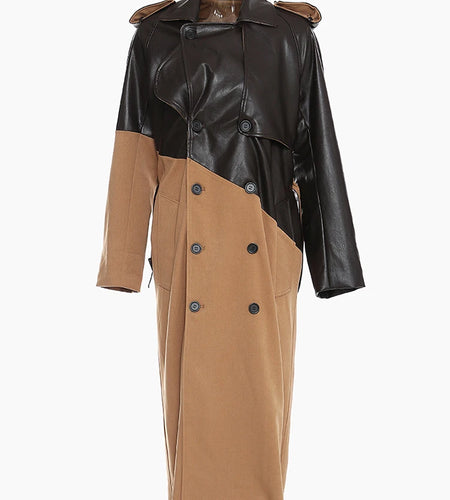 Women Khaki Pu Leather Big Size Long Trench New Lapel Long Sleeve Loose Fit Windbreaker Fashion Spring Autumn 2025 1DD0024