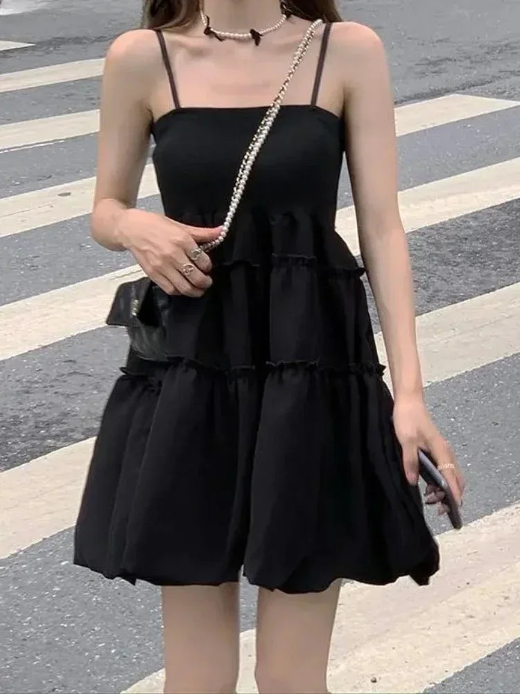 Summer Ruffles Slip Black Mini Dress Kawaii Cute Korean Fashion Spaghetti Strap Short Dresses Holiday Sundress Women