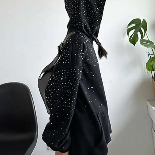 Load image into Gallery viewer, Black Rhinestones Shining Thick Sweatshirt New Hooded Long Sleeve Women Big Size Fashion Tide Spring Autumn 2025 1DJ0096
