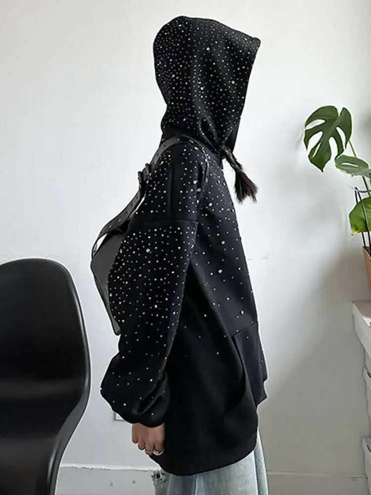 Black Rhinestones Shining Thick Sweatshirt New Hooded Long Sleeve Women Big Size Fashion Tide Spring Autumn 2025 1DJ0096