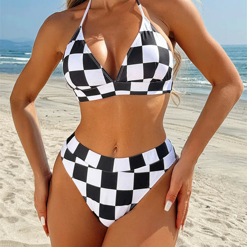 Load image into Gallery viewer, Halter Plaid Bikinis 2025 Sexy Swimsuit Women Bandage Swimwear High Waist Biquini Bathing Suit Brazilian Beachwear
