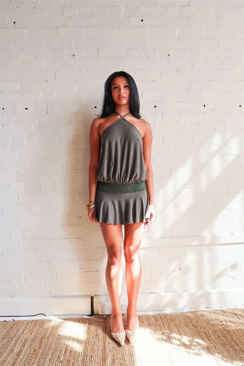 Halter Backless Sexy Mini Dress Women Robe Fashion Summer New Lace Patchwork Sleeveless Pleated Ruffled Club Dress