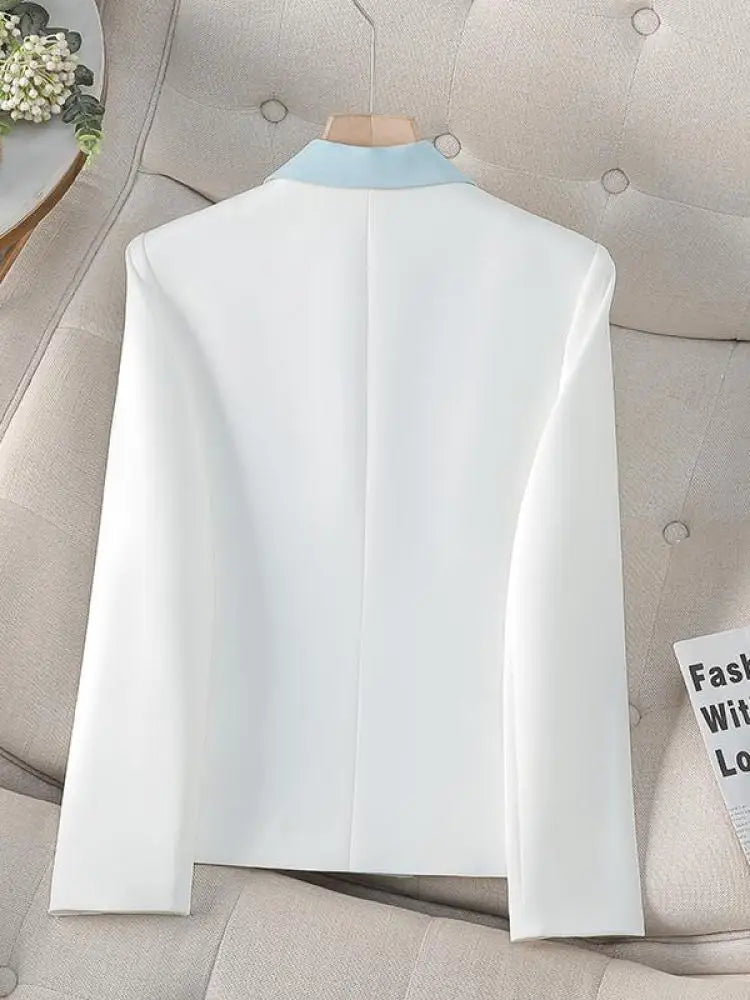 Spring Autumn Blue White Patchwork Office Festival Short Blazer Jackets 2025 Vintage Elegant Ladies Double Breasted Tops Popular