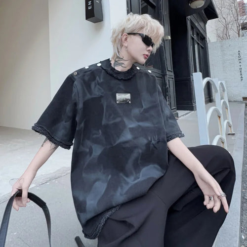 Load image into Gallery viewer, Men's Short Sleeve T-shirt New Summer Round Neck Spray Painted Metal Edge Decoration Male T-shirts Tie-dyed Top 9W1502
