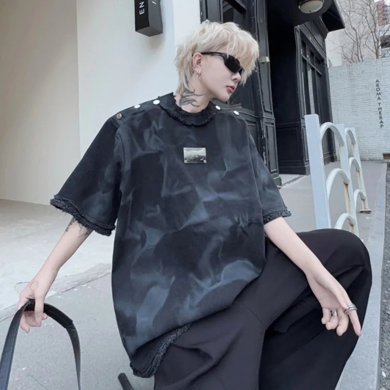 Men's Short Sleeve T-shirt New Summer Round Neck Spray Painted Metal Edge Decoration Male T-shirts Tie-dyed Top 9W1502