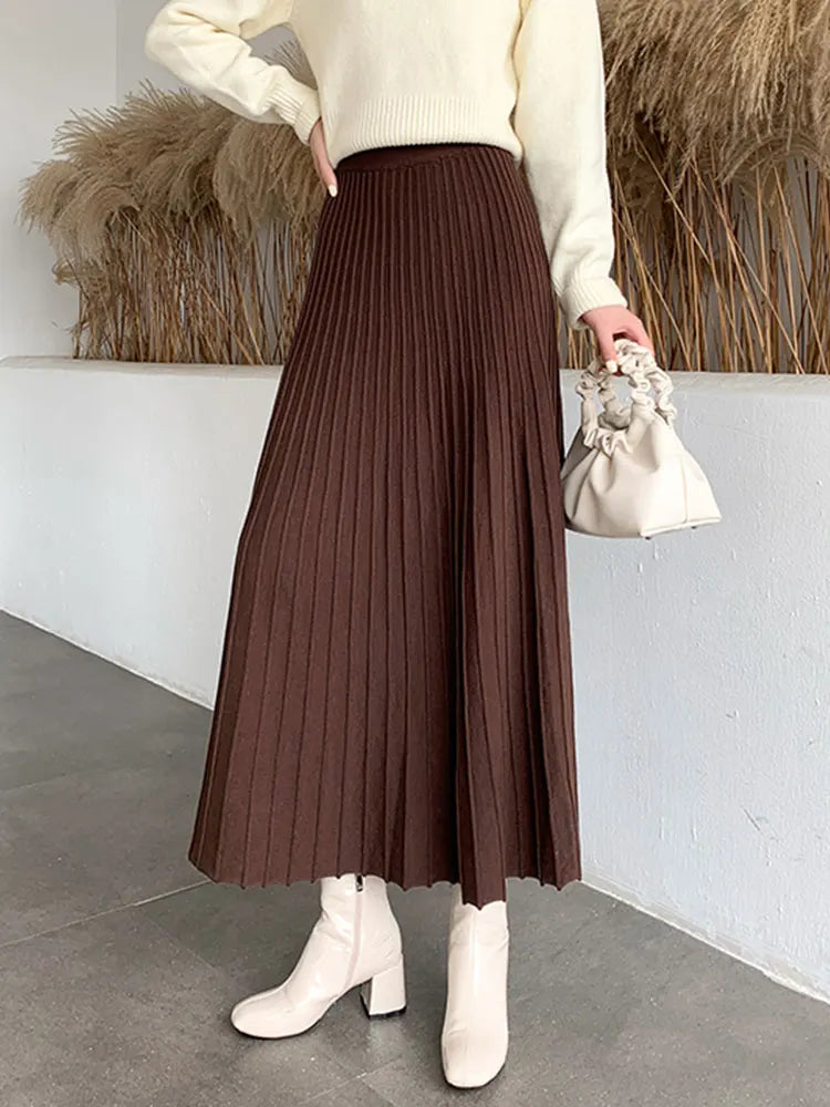 Knitted Long Maxi Skirt Women 2023 Fall Winter Casual Solid Thick Warm A Line High Waist Ankle Length Skirt Female Ladies