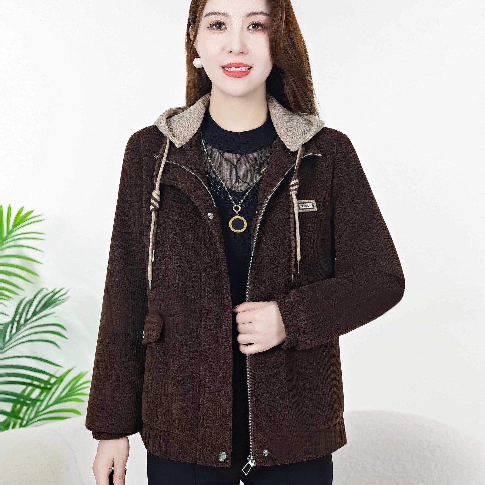 Korean Autumn Winter Black Brown Velvet Thick Zipper Short Coat For Women 2024 Popular Trend Red Loose Casual Hooded Tops Jacket