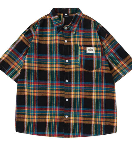 Vintage Summer Shirts Y2K Streetwear Rainbow Plaid Button Up Short Sleeve Blouse Hip Hop Harajuku Casual Baggy Cotton Shirt Tops