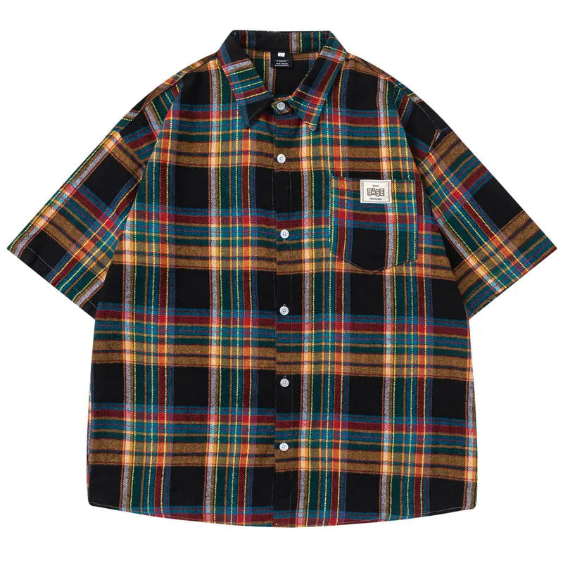 Vintage Summer Shirts Y2K Streetwear Rainbow Plaid Button Up Short Sleeve Blouse Hip Hop Harajuku Casual Baggy Cotton Shirt Tops