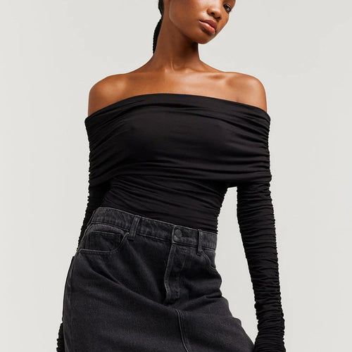 Load image into Gallery viewer, Fashion One Line Neck Long Sleeve Elastic Tight Top Wome Slim Pleated Double Layer T-shirt Top Elegance Female Partywear
