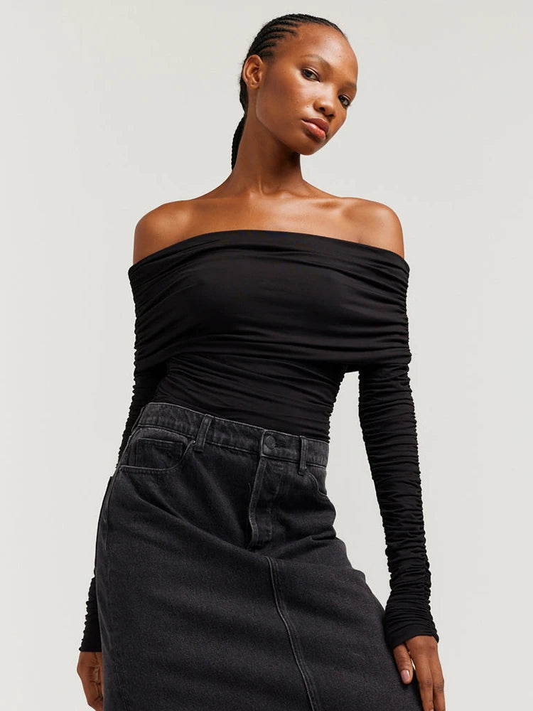 Fashion One Line Neck Long Sleeve Elastic Tight Top Wome Slim Pleated Double Layer T-shirt Top Elegance Female Partywear