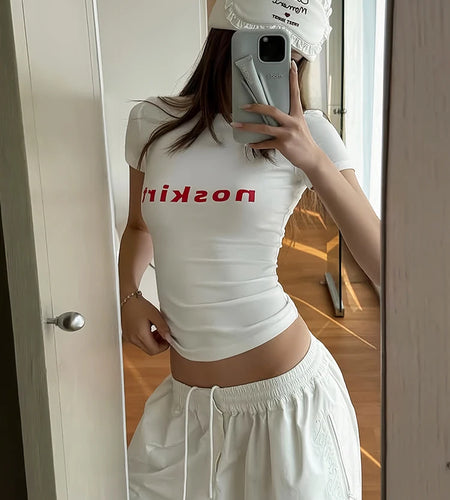 Stretch Simple Letter Print Crop Tops Women Summer Trend Hipster Y2K Skinny Streetwear O-Neck Sexy Wild Short Sleeve Tees