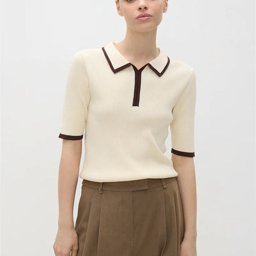 Load image into Gallery viewer, Short Sleeve Knit T-shirt Women Sweater Pullovers Summer Female Patchwork Ribbed Lapel Slim Knitted Tops Sweaters
