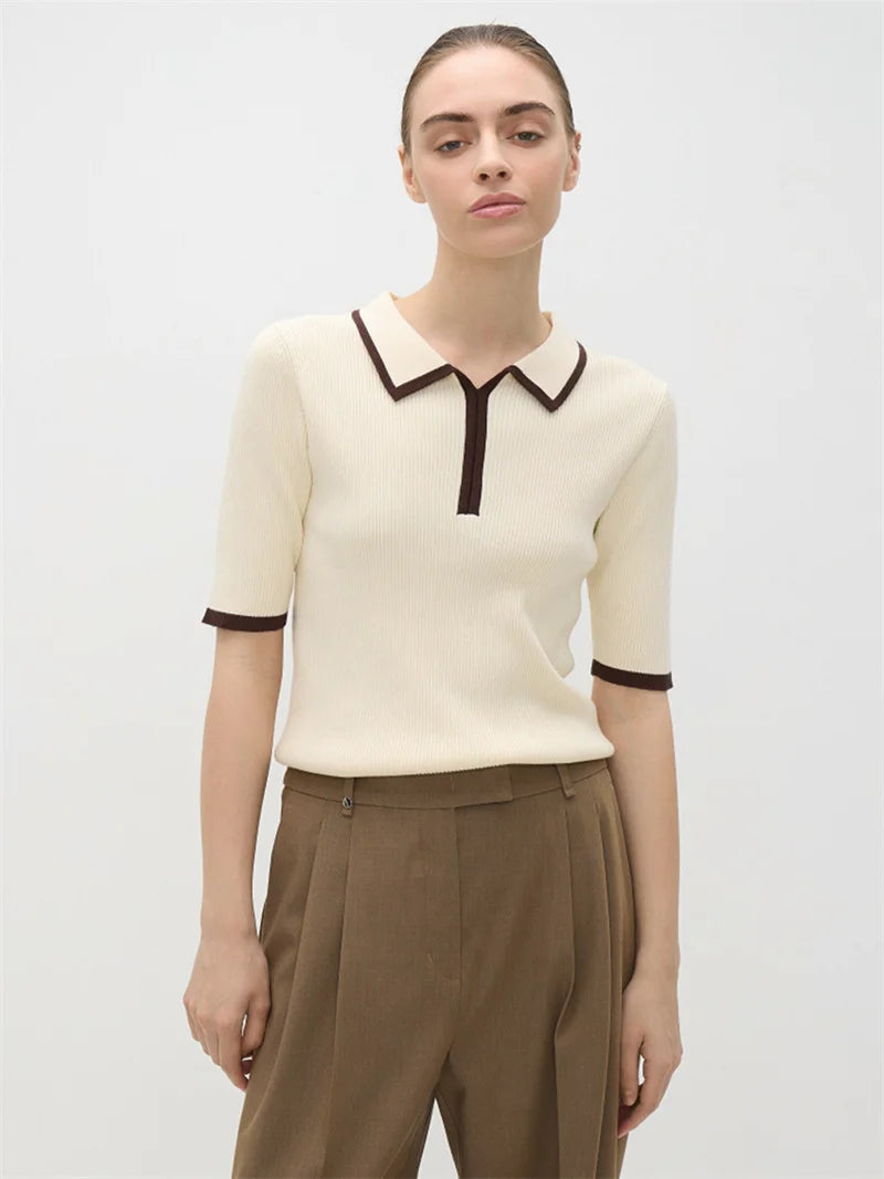 Short Sleeve Knit T-shirt Women Sweater Pullovers Summer Female Patchwork Ribbed Lapel Slim Knitted Tops Sweaters