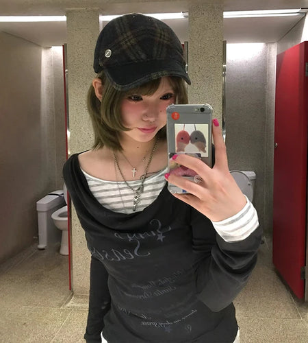 Japanese Y2k Fake Two-piece Tops 2000s Style Letter Print Long Sleeve T-shirt Vintage Harajuku Patchwork Tops Korean 90s