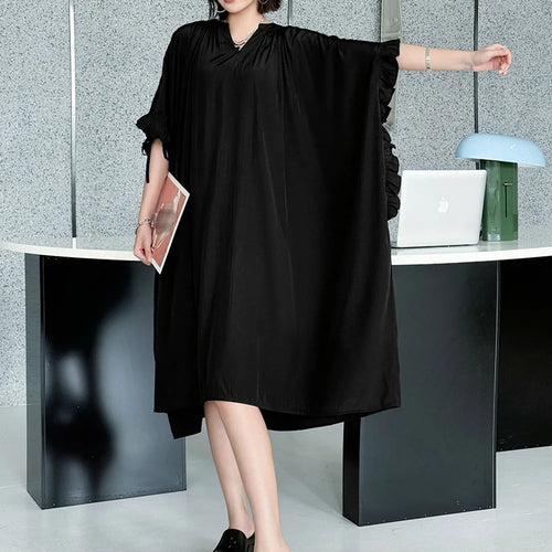 Load image into Gallery viewer, Women Black Bandage Ruffles Big Size Midi Dress New V-Neck Half Batwing Sleeve Fashion Tide Spring Autumn 2025 1DJ1044
