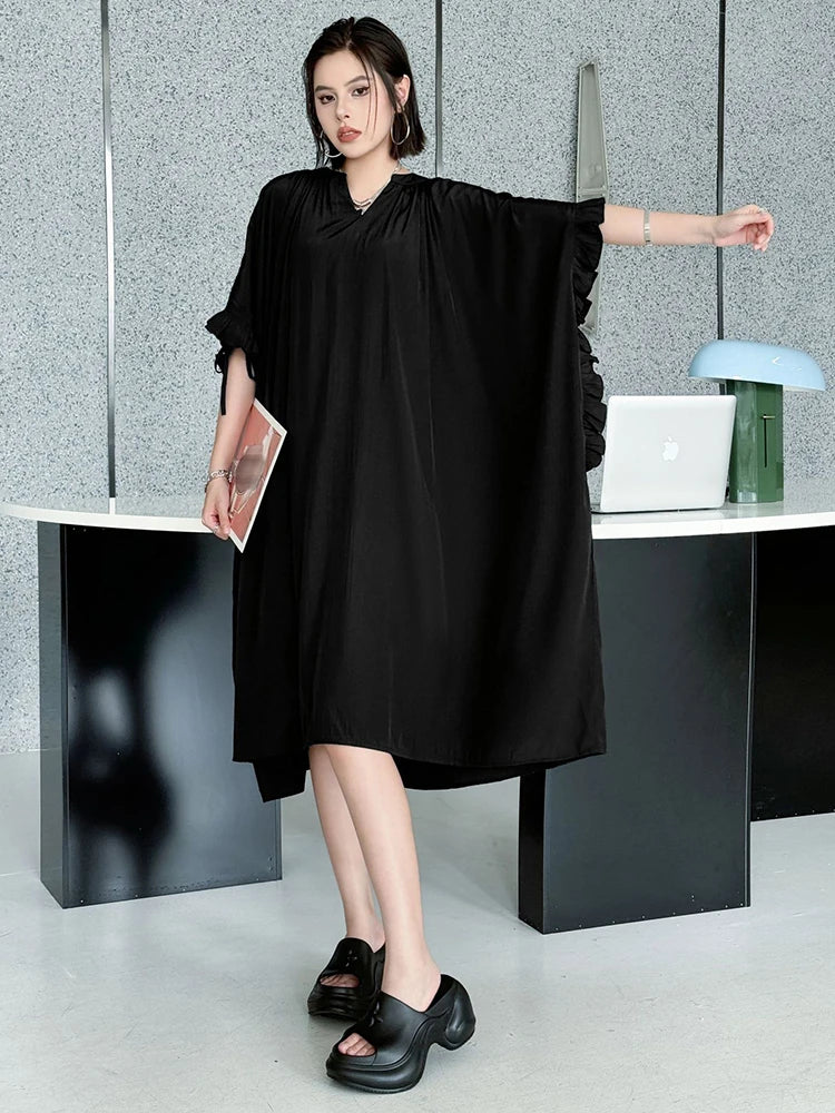 Women Black Bandage Ruffles Big Size Midi Dress New V-Neck Half Batwing Sleeve Fashion Tide Spring Autumn 2025 1DJ1044