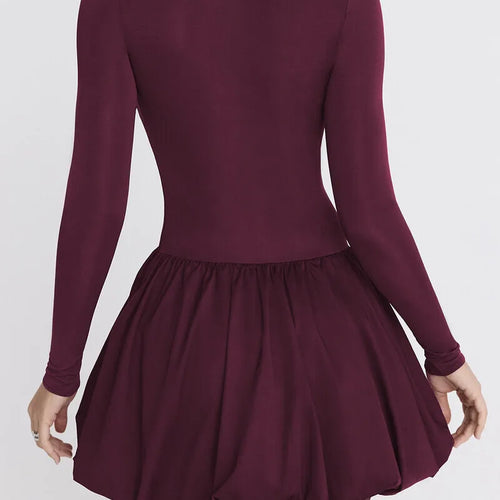 Load image into Gallery viewer, Turtleneck Long Sleeve Sexy Mini Dress For Women Robe Fashion Burgundy Patchwork High Waist A-line Club Pleated Dress
