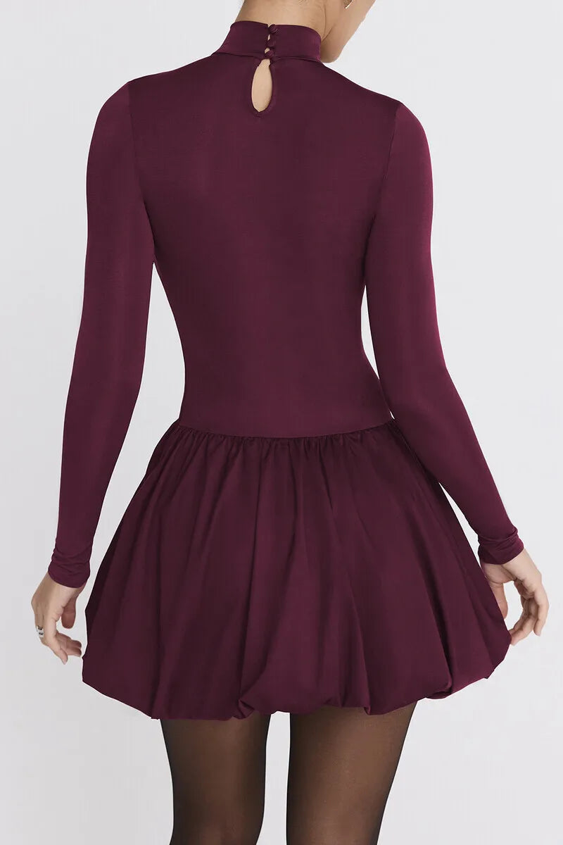 Turtleneck Long Sleeve Sexy Mini Dress For Women Robe Fashion Burgundy Patchwork High Waist A-line Club Pleated Dress