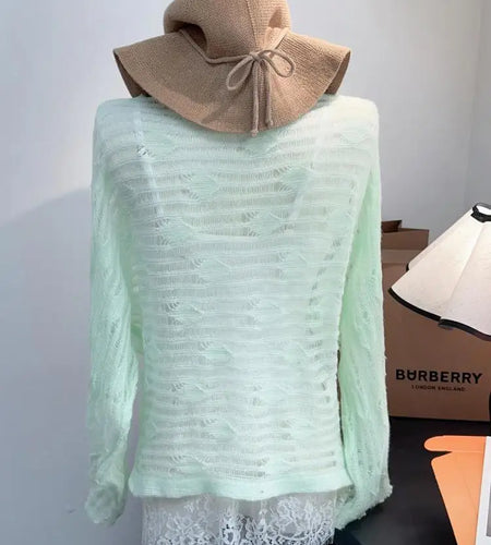 Korean Spring Summer Women Green Elegant Single Breasted Hollow Out Long Sleeved Knitted Tops And White Patchwork Lace Slip Tops