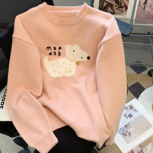 Load image into Gallery viewer, Sweet Beige Pink Puppy Embroidered Casual Sweaters Women Gray Round Neck Warm Long Sleeves Knit Pullover Tops Autumn Winter Chic

