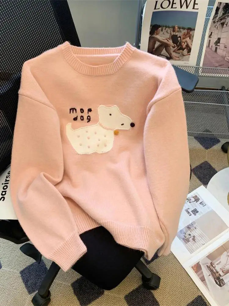 Sweet Beige Pink Puppy Embroidered Casual Sweaters Women Gray Round Neck Warm Long Sleeves Knit Pullover Tops Autumn Winter Chic