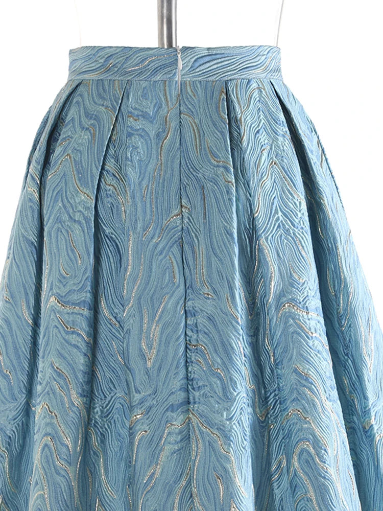 High Elastic Waist Blue Jacquard Textured Pleated A-line Half-body Skirt Women Fashion Tide New Spring Autumn 2025 1DJ1141
