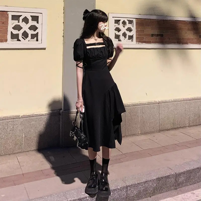 Gothic Black Mini Dress Women Goth Bandage Wrap Puff Sleeve Riched Short Dresses Slim Sweet Square Collar Robe Summer