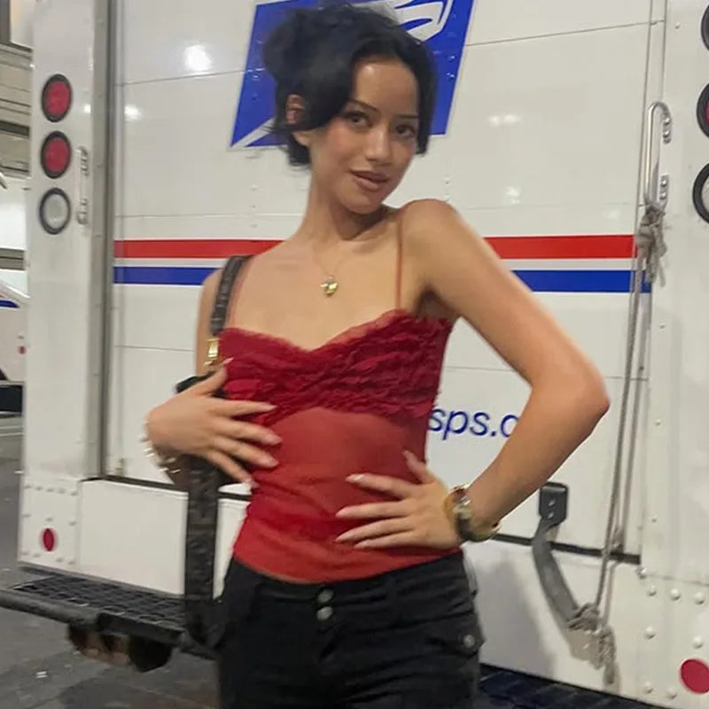 Spaghetti Strap Mesh Pleated Sexy Crop Tops Women Red Strapless Sleeveless Backless Skinny Club Tank Tops Clubwear