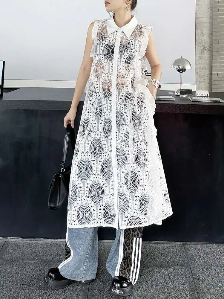 Women White Lace Perspective Ruffles Big Size Shirt Dress New Lapel Sleeveless Fashion Tide Spring Summer 2025 1DH6069