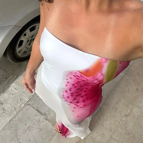 Load image into Gallery viewer, Mesh Floral Print Sexy Maxi Dress For Women Gown Off-shoulder Strapless Sleeveless Backless Bodycon Club Long Dress
