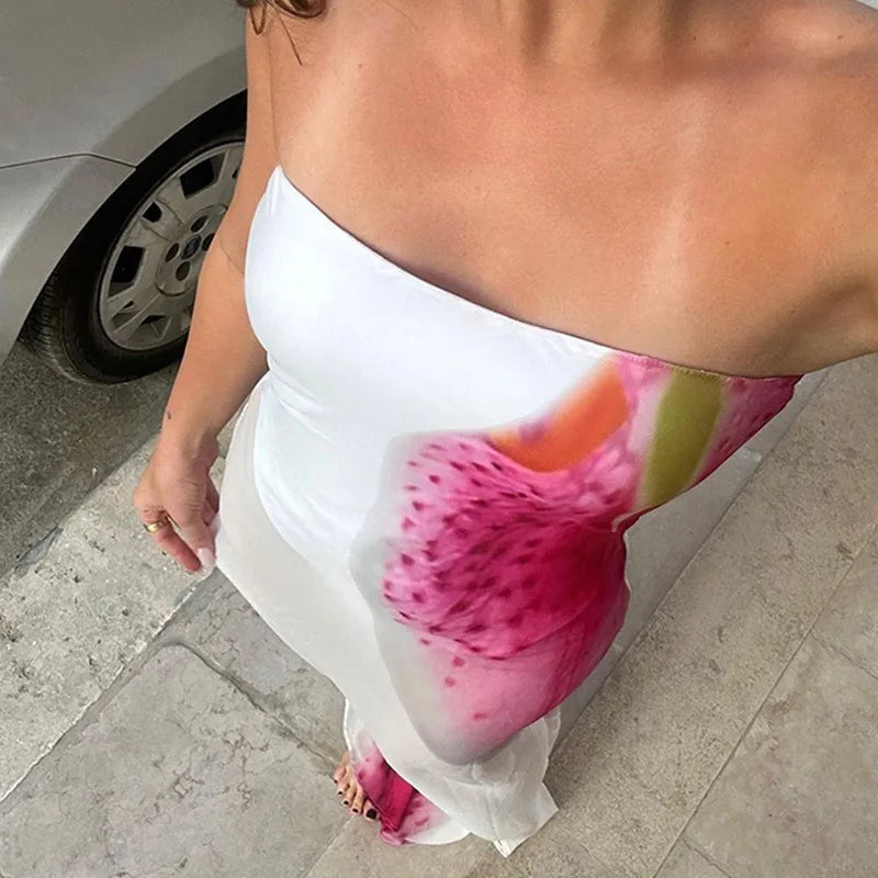 Mesh Floral Print Sexy Maxi Dress For Women Gown Off-shoulder Strapless Sleeveless Backless Bodycon Club Long Dress