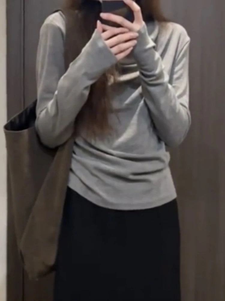 Korean Chic Vintage Solid Simple Tshirts Loose Grunge Women Y2k Aesthetic T-shirts Casual Bottoming All Match Tee Shirts Femme