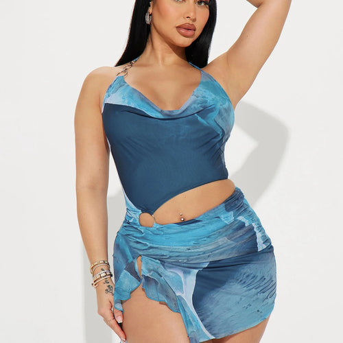 Load image into Gallery viewer, Scenery Print Halter Backless Hollow Out Ruffles Slit Sexy Slim Mini Dress Summer Fashion Beach Vacation Outfit
