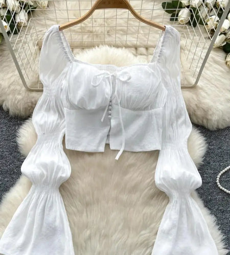 Autumn French Solid Ruffle Edge Lace-up Shirt Women Long Sleeves Square Neck Slim Short Tops Versatile Button Pleated Blouse New