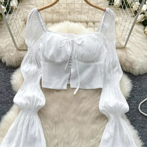 Load image into Gallery viewer, Autumn French Solid Ruffle Edge Lace-up Shirt Women Long Sleeves Square Neck Slim Short Tops Versatile Button Pleated Blouse New
