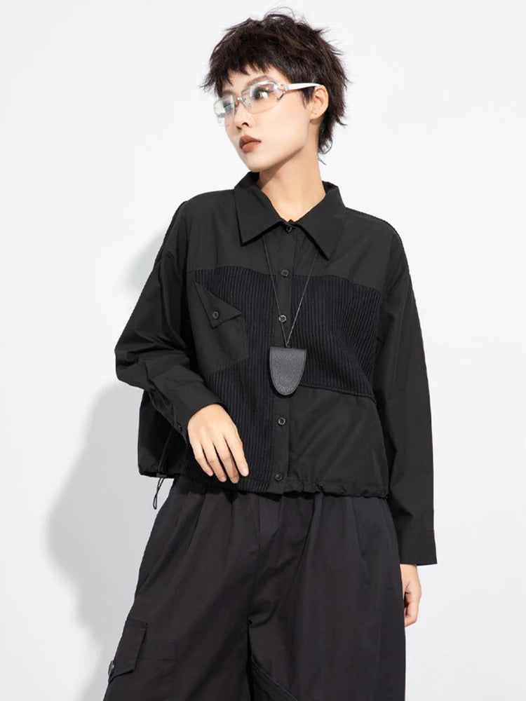 Women Black Irregular Drawstring Big Size Casual Blouse New Lapel Long Sleeve Shirt Fashion Spring Autumn 2025 1DJ0475