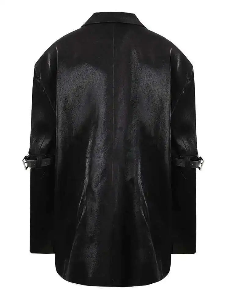 Women Black Leather Buckle Big Size Casual Blazer New Lapel Long Sleeve Jacket Fashion Tide Spring Autumn 2025  CPG1272