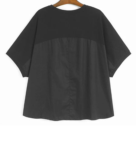 Women Black Irregular Spliced Big Size T-shirt New Round Neck Short Batwing Sleeve Fashion Tide Spring Summer 2025 1DJ1440