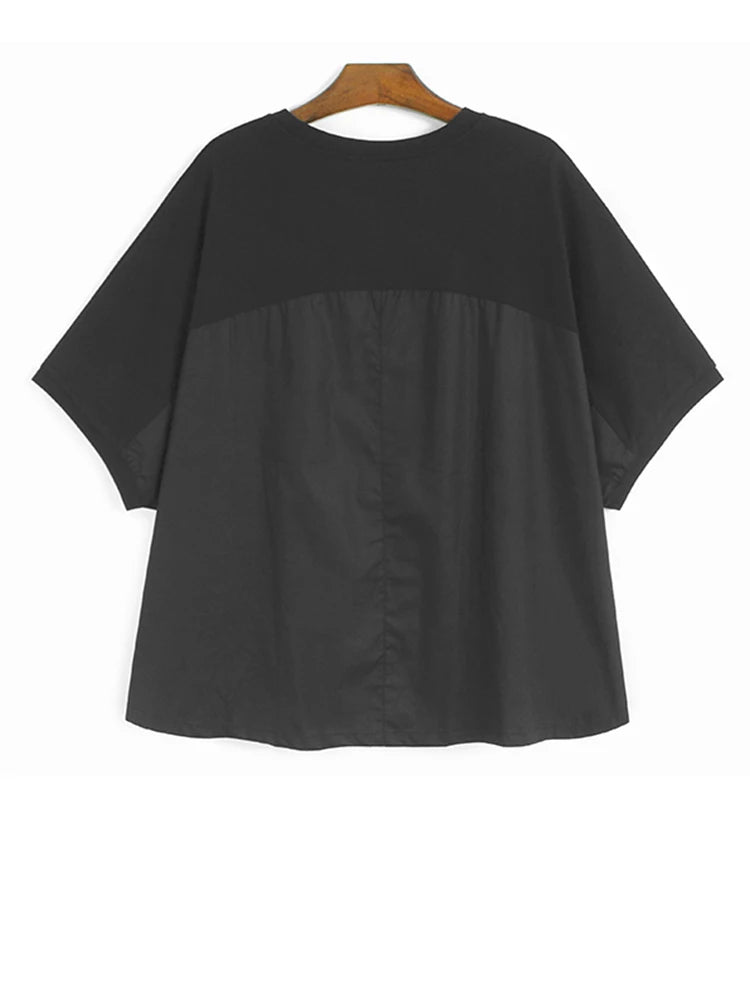 Women Black Irregular Spliced Big Size T-shirt New Round Neck Short Batwing Sleeve Fashion Tide Spring Summer 2025 1DJ1440