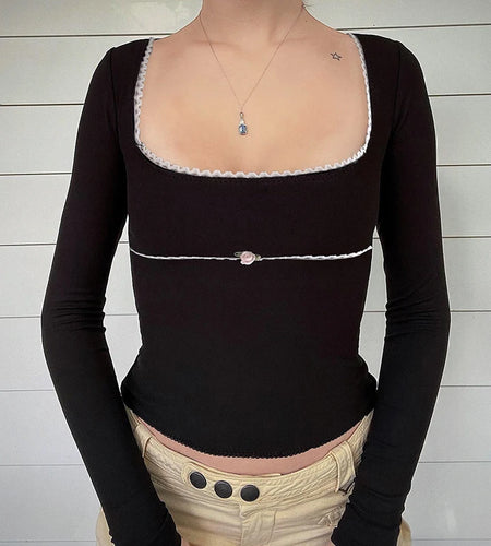 Square Neck Lace Trim Autumn Tee Female Cute Chic Frill Vintage Fashion Women's T shirts Slim Grunge Y2K Top 90s New