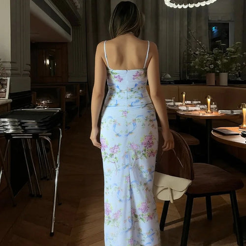 Load image into Gallery viewer, Sleeveless Print Spaghetti Strap Slash Neck Sexy Backless Thigh Split Maxi Dress Women Pleated Vacation Dress Summer
