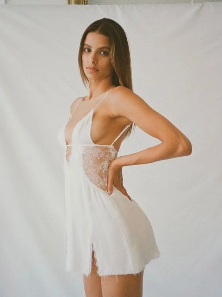 Deep V Neck Bodycon Mini Dresses Women Summer Sexy Harajuku Y2K Clothes Hollow Out Spaghetti Strap Backless Lace Dress