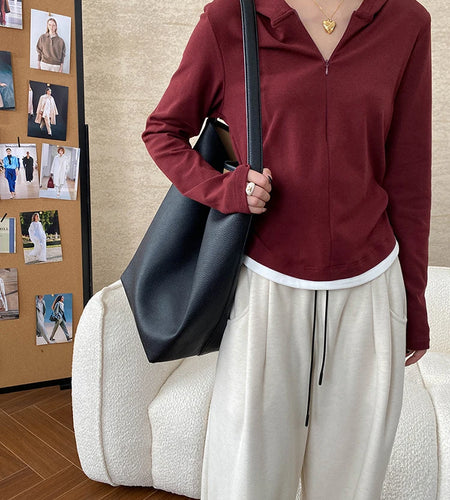 Women Wine Red Gray Color-block Pleated Zipper Slim T-shirt New Hooded Long Sleeve Fashion Tide Spring Autumn 2025 1DH7888