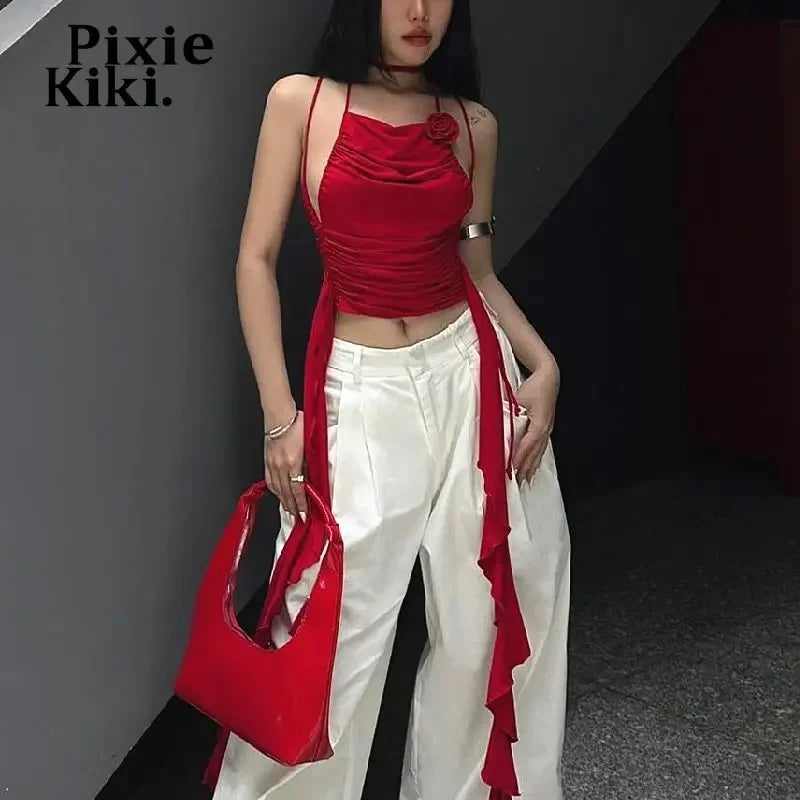 Y2k Sexy Red Crop Tops for Women 2023 Summer Fashion 3d Floral Applique Ruffle Fringed Halter Top Camisole P33-BZ13