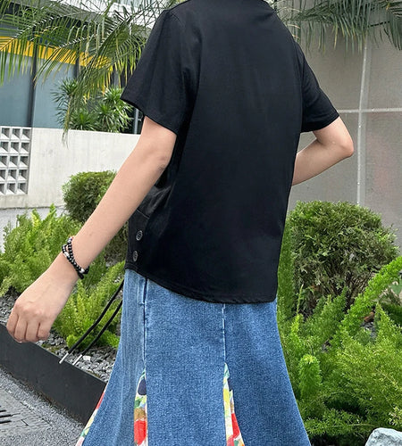 Women Black Pocket Button Big Size Casual T-shirt New Round Neck Short Sleeve Fashion Tide Spring Summer 2025 1DJ1616