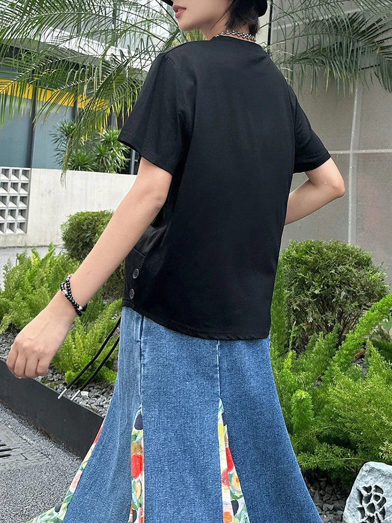 Women Black Pocket Button Big Size Casual T-shirt New Round Neck Short Sleeve Fashion Tide Spring Summer 2025 1DJ1616